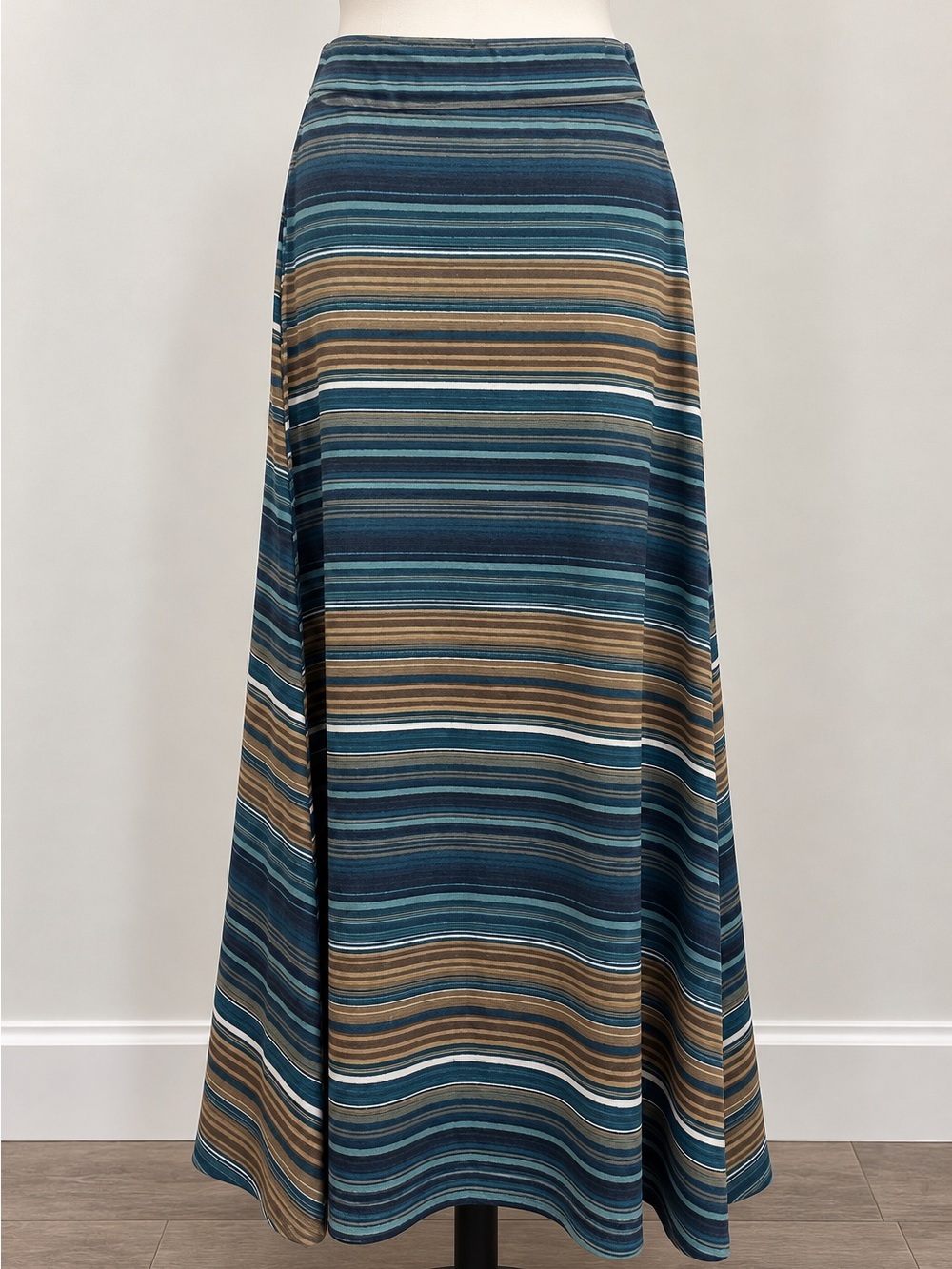 Roz & Ali Striped A-Line Maxi Skirt in Teal and Tan
